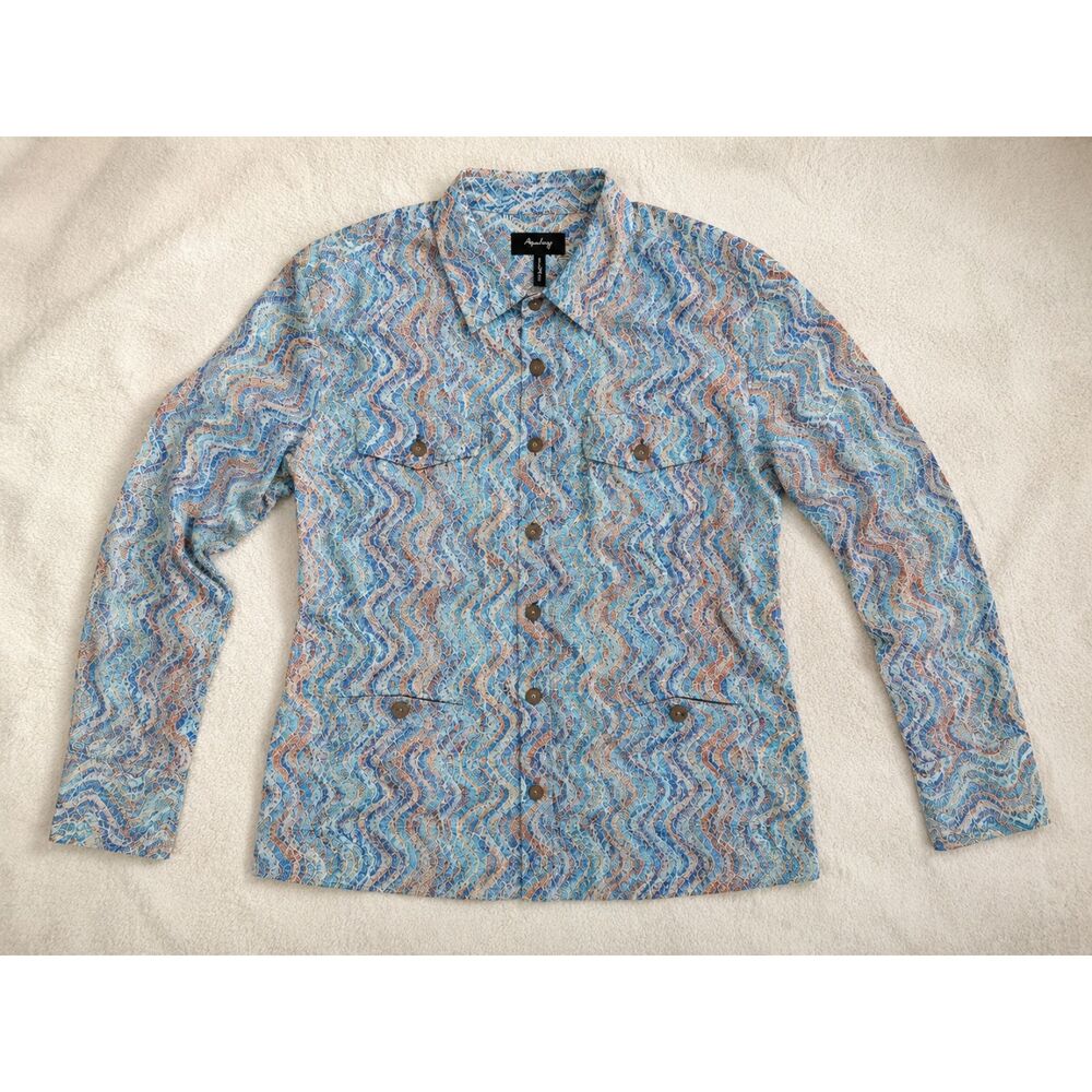 Analogy Women's Blue Pink Abstract Button Front Long Sleeve Top XL